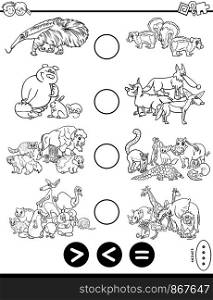 Black and White Cartoon Illustration of Educational Mathematical Puzzle Game of Greater Than, Less Than or Equal to for Children with Wild Animal Characters Coloring Book
