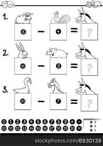 Black and White Cartoon Illustration of Educational Mathematical Subtraction Puzzle Game for Preschool and Elementary Age Children with Funny Farm Animal Characters Coloring Book