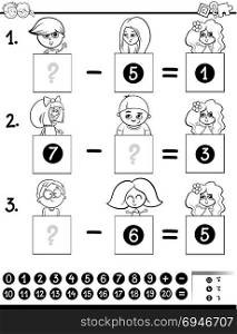 Black and White Cartoon Illustration of Educational Mathematical Subtraction Puzzle Game for Preschool and Elementary Age Children with Boys and Girls Characters Coloring Book