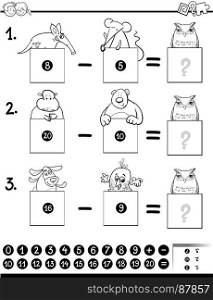 Black and White Cartoon Illustration of Educational Mathematical Subtraction Puzzle Game for Children with Animal Characters Coloring Book