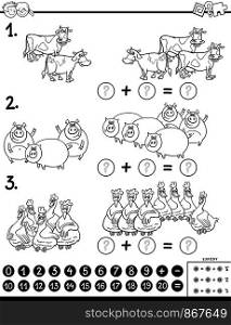 Black and White Cartoon Illustration of Educational Mathematical Subtraction Puzzle Task for Kids with Farm Animal Characters Coloring Book