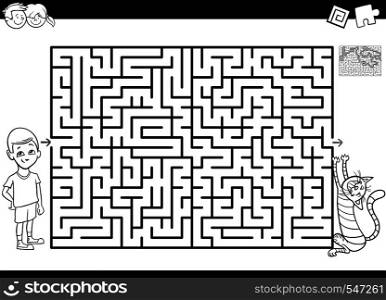 Black and White Cartoon Illustration of Educational Maze or Labyrinth Activity Game for Children with Boy and His Pet Cat Coloring Book