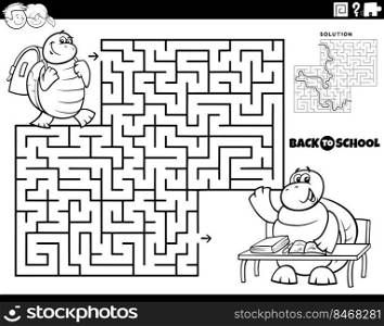 Black and white cartoon illustration of educational maze puzz≤game forχldren with turt≤puπl going to school coloring pa≥