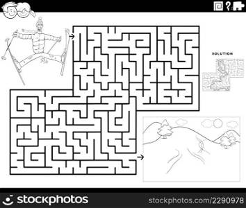 Black and white cartoon illustration of educational maze puzzle game for children with man skiing on winter time coloring book page