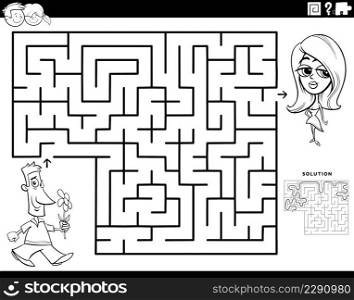 Black and white cartoon illustration of educational maze puzzle game for children with man giving flower to his girlfriend coloring book page
