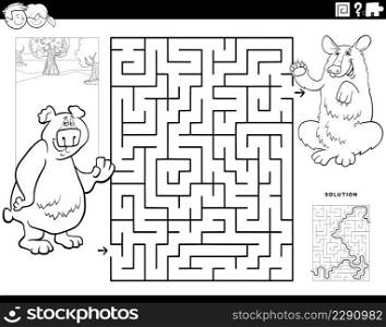 Black and white cartoon illustration of educational maze puzzle game for children with brown bear and black bear animal characters coloring book page