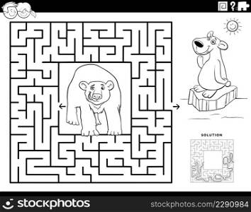 Black and white cartoon illustration of educational maze puzzle game for children with polar bears animal characters coloring book page