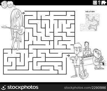 Black and white cartoon illustration of educational maze puzzle game for children with girl and guitar and music band coloring book page