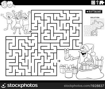 Black and white cartoon illustration of educational maze puzzle game with Santa Claus giving children Christmas presents coloring book page