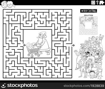 Black and white cartoon illustration of educational maze puzzle game with Santa Claus with shopping cart of Christmas presents and group of people coloring book page