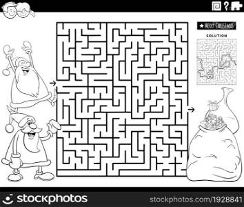 Black and white cartoon illustration of educational maze puzzle game with Santa Claus characters and sacks of Christmas presents coloring book page