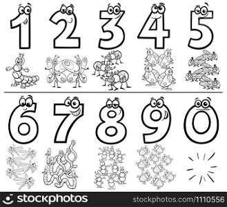Black and White Cartoon Illustration of Educational Numbers Collection from One to Nine with Funny Insects Animal Characters Coloring Book Page
