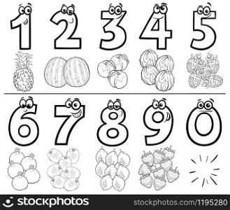 Black and White Cartoon Illustration of Educational Numbers Set from One to Nine with Fruits Food Objects Coloring Book Page
