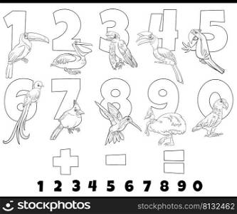 Black and white cartoon illustration of educational numbers set from one to nine with funny birds animal characters coloring page