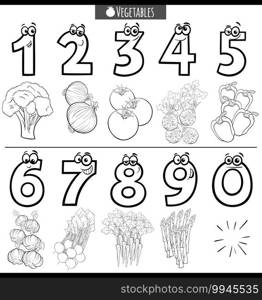 Black and white cartoon illustration of educational numbers set from one to nine with vegetables food objects