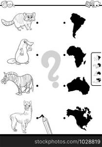 Black and White Cartoon Illustration of Educational Pictures Matching Game for Children with Animals and Continents Shapes