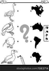 Black and White Cartoon Illustration of Educational Pictures Matching Game for Children with Animal Characters and Continents Shapes Coloring Book