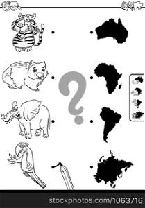 Black and White Cartoon Illustration of Educational Pictures Matching Game for Children with Animal Characters and Continent Shapes Coloring Book