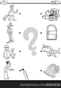Black and White Cartoon Illustration of Educational Pictures Matching Game for Children with People Characters and Objects Coloring Book