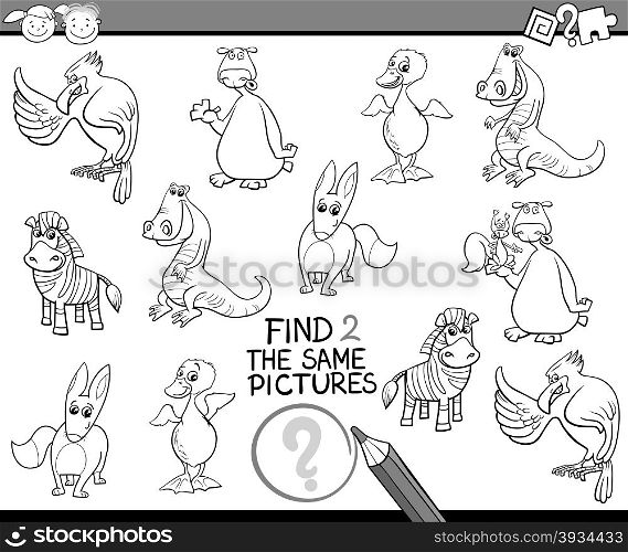 Black and White Cartoon Illustration of Educational Task for Preschool Children with Animal Characters for Coloring Book