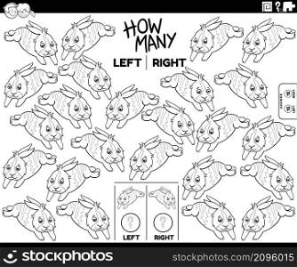 Black and white cartoon illustration of educational task of counting left and right oriented pictures of rabbit animal character coloring book page