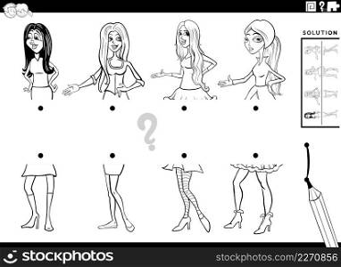 Black and white cartoon illustration of educational task of matching halves of pictures with comic women characters coloring book page