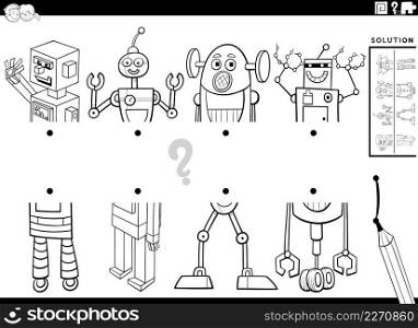 Black and white cartoon illustration of educational task of matching halves of pictures with comic robot characters coloring book page