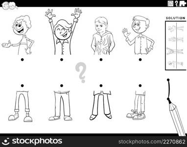 Black and white cartoon illustration of educational task of matching halves of pictures with comic teen boys characters coloring book page