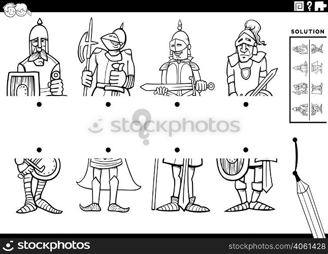 Black and white cartoon illustration of educational task of matching halves of pictures with comic knight characters coloring book page