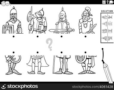 Black and white cartoon illustration of educational task of matching halves of pictures with comic knight characters coloring book page