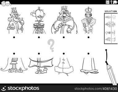 Black and white cartoon illustration of educational task of matching halves of pictures with comic king characters coloring book page