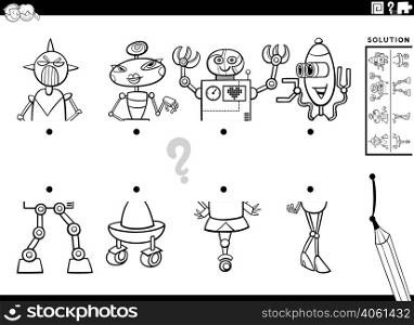 Black and white cartoon illustration of educational task of matching halves of pictures with comic robot characters coloring book page
