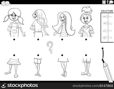 Black and white cartoon illustration of educational task of matching halves of pictures with comic girls characters coloring page