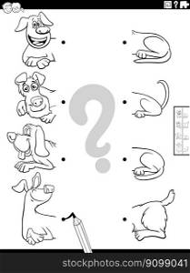 Black and white cartoon illustration of educational task of matching halves of pictures with funny dogs animals characters coloring page