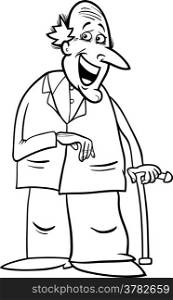 Black and White Cartoon Illustration of Elder Man Senior or Grandfather with Cane for Coloring Book