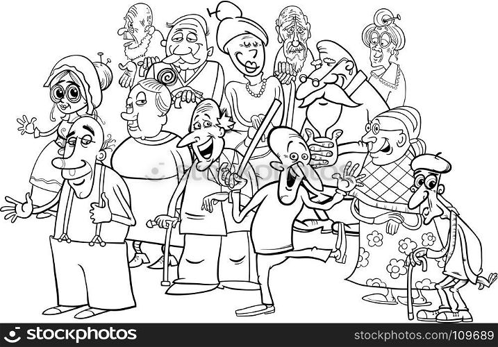 Black and White Cartoon Illustration of Elder People or Senior Characters Group Coloring Book