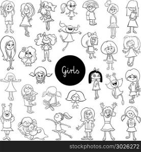 Black and White Cartoon Illustration of Elementary Age Girls Children or Teenager Characters Group Huge Set Coloring Book