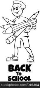 Black and White Cartoon Illustration of Elementary or Teen Age Boy Character with Pencils and Crayons and Back to School Sign Coloring Book
