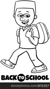 Black and White Cartoon Illustration of Elementary or Teen Age Boy Character with Back to School Sign Coloring Book