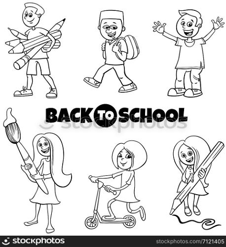 Black and White Cartoon Illustration of Elementary or Teen Age Children Characters Set with Back to School Sign