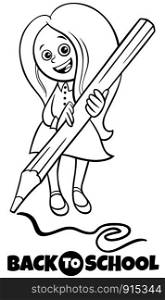 Black and White Cartoon Illustration of Elementary or Teen Age Girl Character with Big Pencil and Back to School Sign Coloring Book