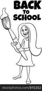Black and White Cartoon Illustration of Elementary or Teen Age Girl Character with Paintbrush and Back to School Sign Coloring Book