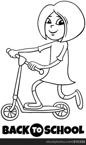 Black and White Cartoon Illustration of Elementary or Teen Age Girl Character on Scooter with Back to School Sign Coloring Book