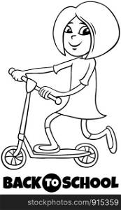 Black and White Cartoon Illustration of Elementary or Teen Age Girl Character on Scooter with Back to School Sign Coloring Book