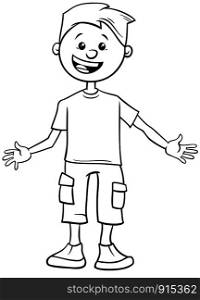 Black and White Cartoon Illustration of Elementary or Teen Age Happy Boy Character Coloring Book