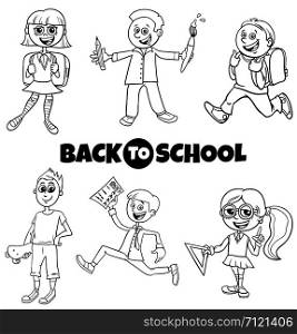 Black and White Cartoon Illustration of Elementary or Teen Age Kids Characters Set with Back to School Sign