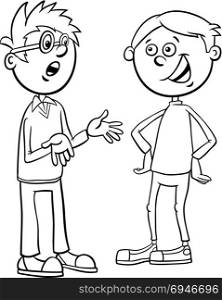 Black and White Cartoon Illustration of Elementary School Age or Teenage Boys Characters Talking Coloring Book