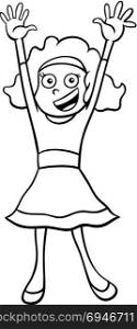Black and White Cartoon Illustration of Elementary School Age or Teenage Girl Character in Party Clothes Coloring Book