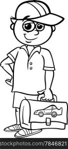 Black and White Cartoon Illustration of Elementary School Student Boy with Pack for Coloring Book