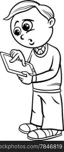 Black and White Cartoon Illustration of Elementary School Student Boy with Tablet PC for Coloring Book